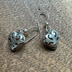 Vintage Sterling Silver Heart Scroll Drop Earrings